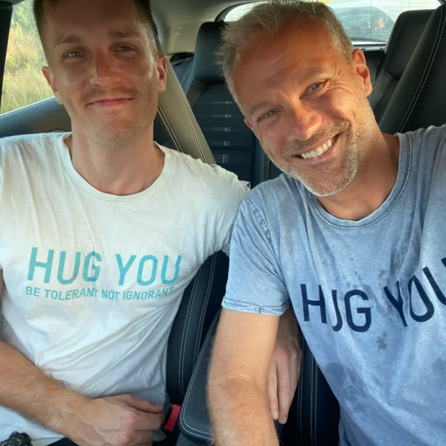 #friends #hugyou #betolerantnotignorant #carfie #malemodel #teeshirt #teetime #beachlife #driving #happytimes #grateful #sweatymen #men #saltandpepper #bearded
